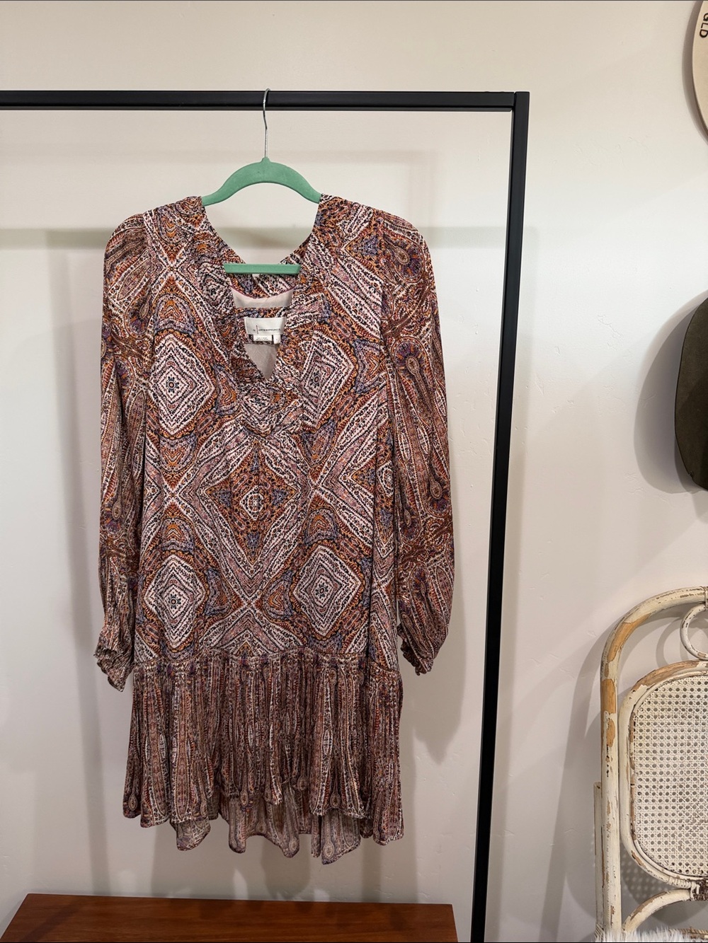Anthropologie Brown Patterned Long-Sleeve Ruffle-Hem Dress